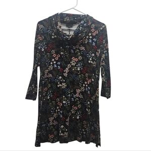 J Jill Wearever Black Multicolored Floral 3/4 Sleeve Cowl Neck Tunic Size S Work
